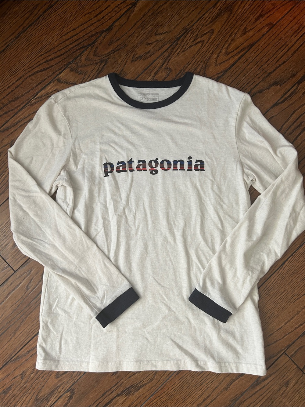Patagonia Cream Long-Sleeve Ringer Tee with Black Trim and Logo